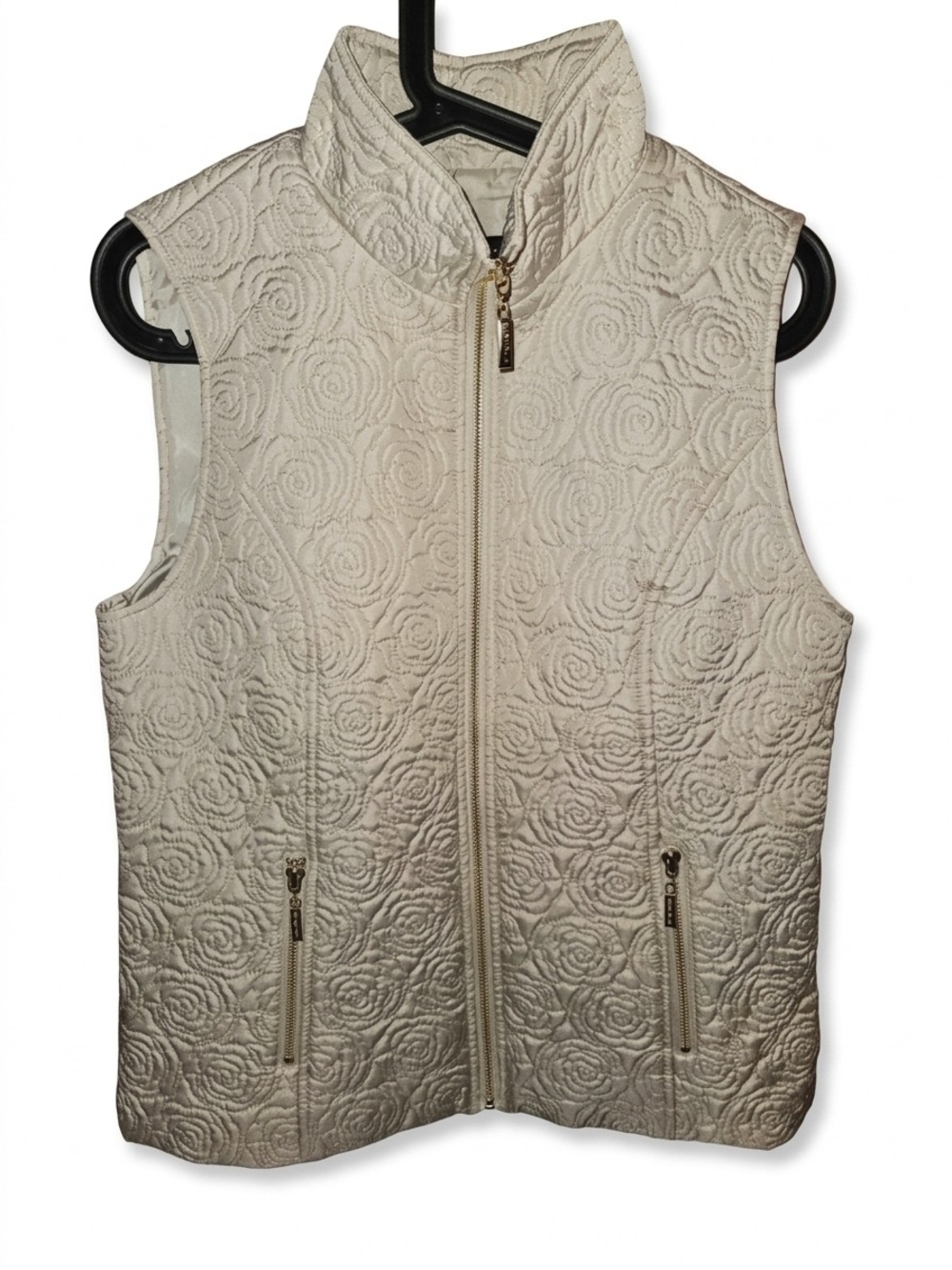 Ellen Tracy Cream Quilted Floral Sleeveless Vest with Gold Zippers